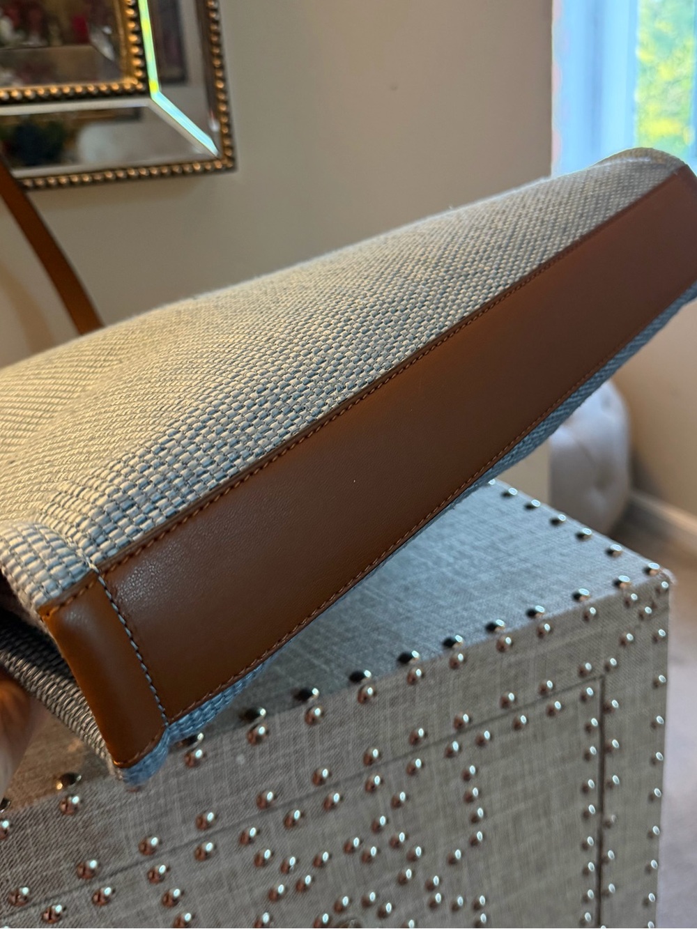 Jimmy Choo NIP London Rhea Blue Raffia Tote Brown Leather Handles $795 MSRP COA - Picture 10 of 15
